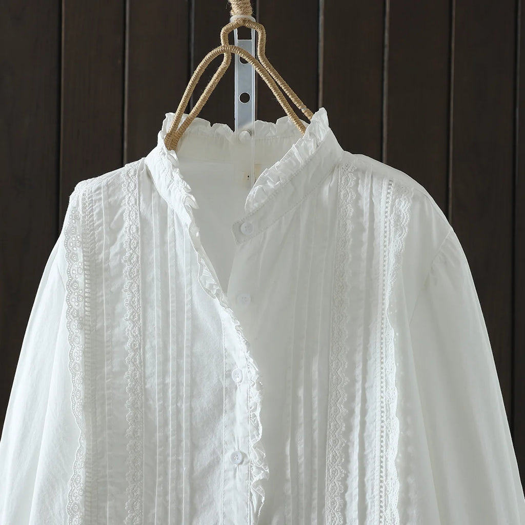 New Spring Cotton Casual White Shirts Women Loose Ruched Lace Blouse Girl Long Sleeve Sweet Sweet Top 2024 Autumn T455104QM