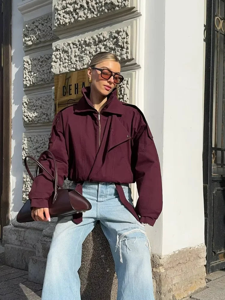 Women Khaki Lace Up Pocket Windbreaker Casual Long Sleeve Stand Up Collar Loose Short Jacket New Female High Street Wear 2025