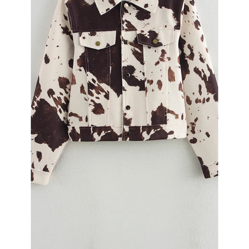 YENKYE Vintage Print Crop Jacket For Women Casual Long Sleeve Button Pockets Coats 2025 New Lady High Street Outerwear
