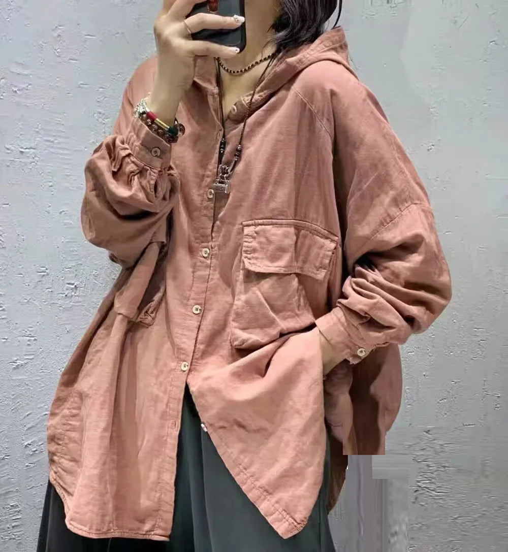 100% Cotton yarn hoodies for women summer Japan style hooded short long solid shirts and blouse big size tops