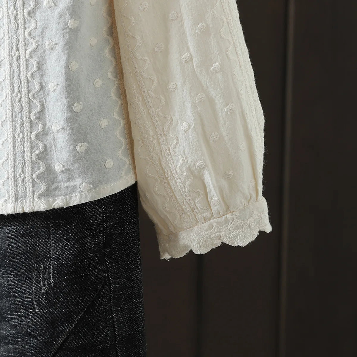 New Autumn Cotton Shirt Women Lapel Embroidery Lace Top Girl Long Sleeve Loose Sweet Casual Blouse Retro 2024 Spring T41816QM