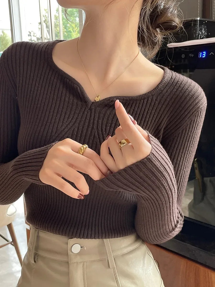 2025 Basic V-neck Chic  Autumn Winter Pullover Women Female Knitted Ribbed Sweater Slim Long Sleeve Badycon High Quality Sweater