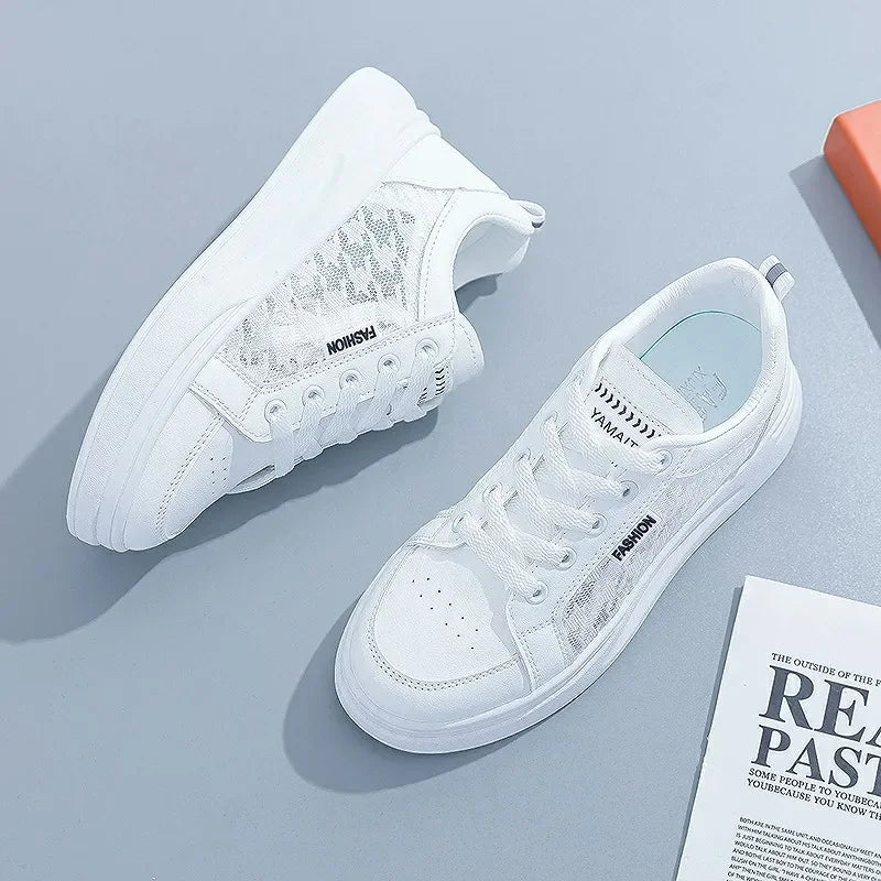 Women's Shoes Summer 2023 Fashion Casual White Shoes Lace  Breathable Hollow Mesh Platform Flat Shoes Woman Sneakers