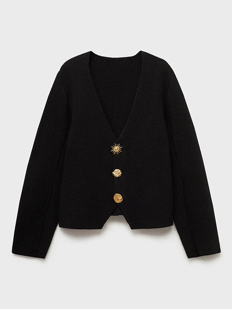 Elegant V-neck Solid Knitted Cardigan For Women 2025 Spring Long Sleeves Single Breasted Sweater Female Street Y2K Chic Knitwear