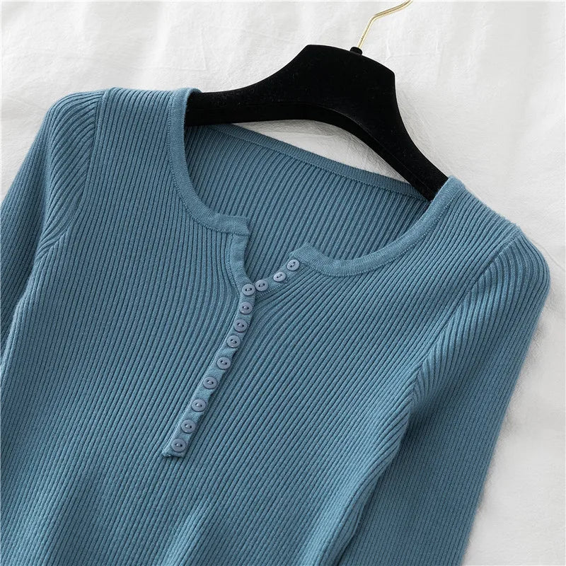 2025 Autumn Winter Button V Neck Sweater Women Basic Slim Pullover Women Sweaters And Pullovers Knit Jumper Soft Warm Tops
