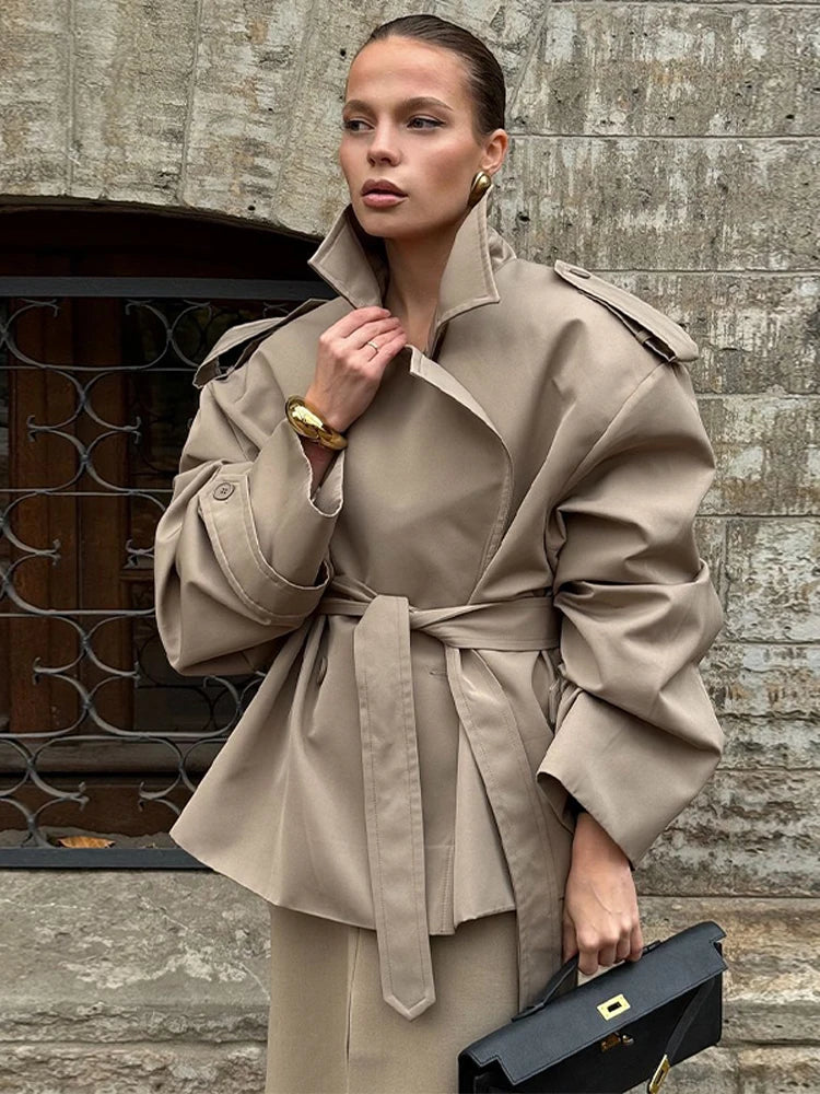Women Khaki Lace Up Pocket Windbreaker Casual Long Sleeve Stand Up Collar Loose Short Jacket New Female High Street Wear 2025