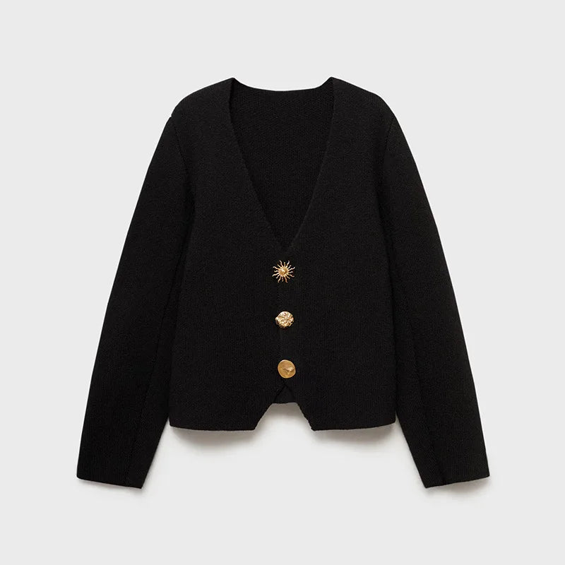 Elegant V-neck Solid Knitted Cardigan For Women 2025 Spring Long Sleeves Single Breasted Sweater Female Street Y2K Chic Knitwear