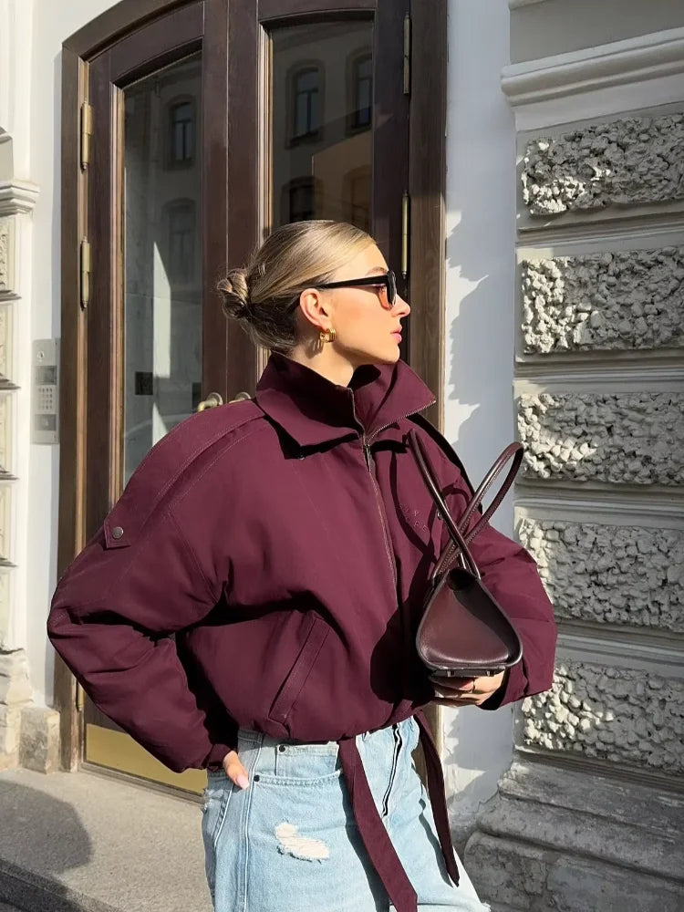 Women Khaki Lace Up Pocket Windbreaker Casual Long Sleeve Stand Up Collar Loose Short Jacket New Female High Street Wear 2025