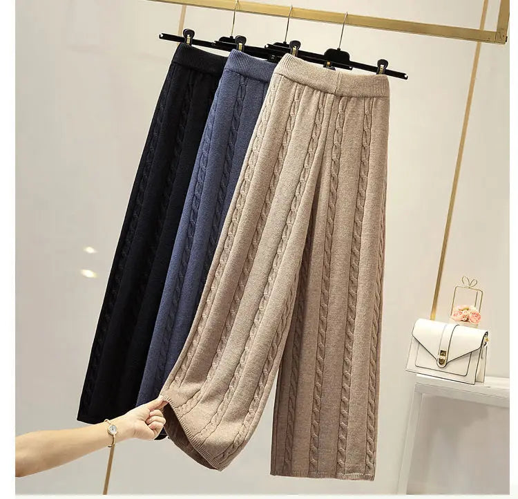Winter Knitted Wide Leg Pants Women High Waist Drop Loose Knitted Straight Leg Pants Casual Cropped Wide Leg Pants Female Tops