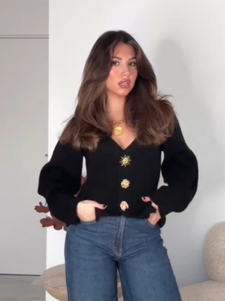Elegant V-neck Solid Knitted Cardigan For Women 2025 Spring Long Sleeves Single Breasted Sweater Female Street Y2K Chic Knitwear