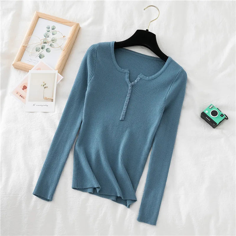 2025 Autumn Winter Button V Neck Sweater Women Basic Slim Pullover Women Sweaters And Pullovers Knit Jumper Soft Warm Tops
