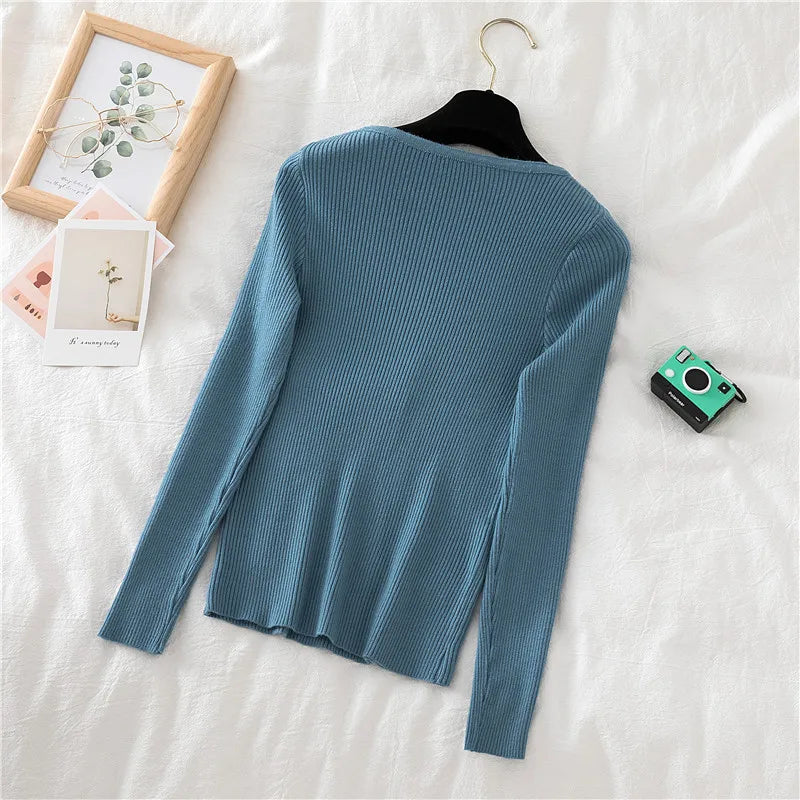 2025 Autumn Winter Button V Neck Sweater Women Basic Slim Pullover Women Sweaters And Pullovers Knit Jumper Soft Warm Tops