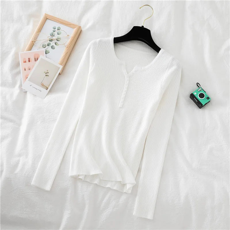 2025 Autumn Winter Button V Neck Sweater Women Basic Slim Pullover Women Sweaters And Pullovers Knit Jumper Soft Warm Tops
