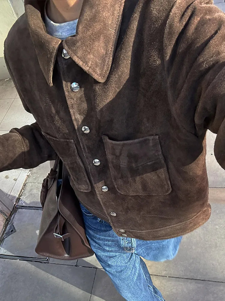 Big Pockets Suede Short Women's Jackets Vintage Lapel Single Breasted Full Sleeve Jacket Lady 2025 Spring Fashion Streetwears