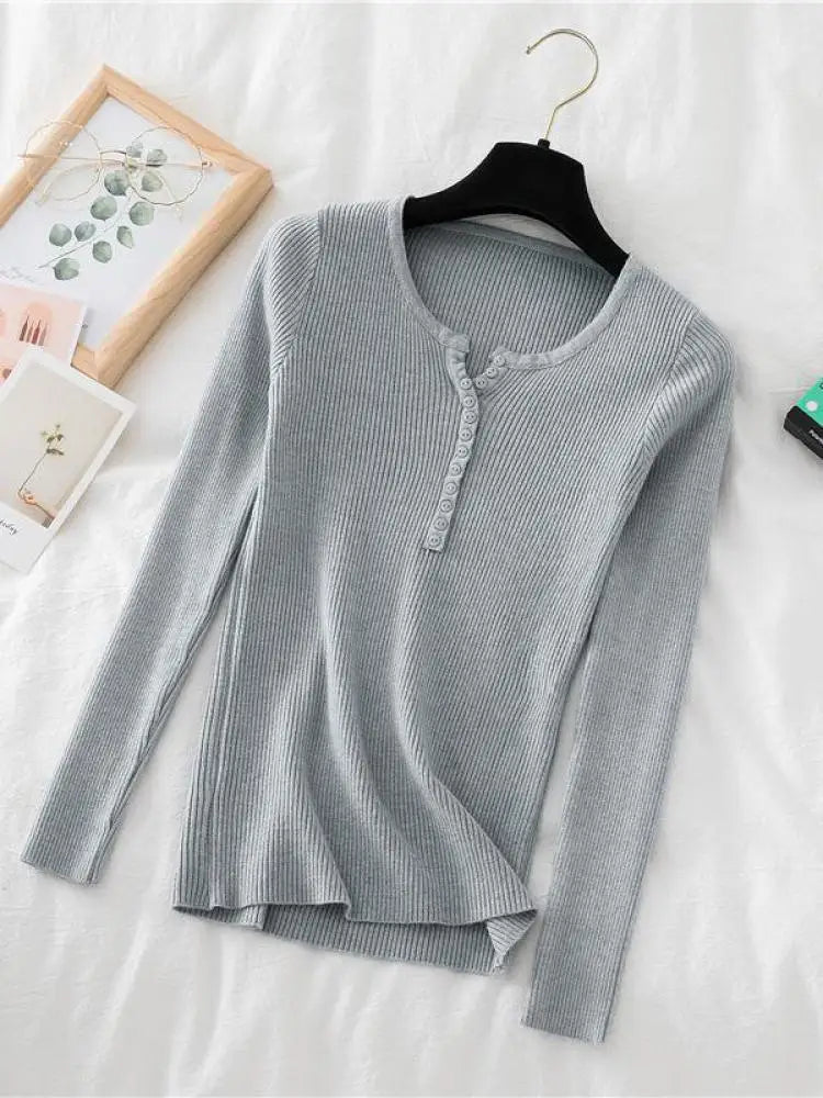 2025 Autumn Winter Button V Neck Sweater Women Basic Slim Pullover Women Sweaters And Pullovers Knit Jumper Soft Warm Tops