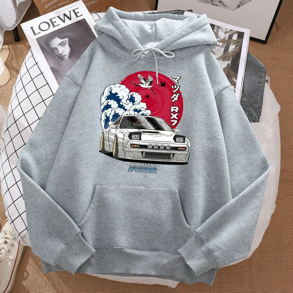 Fashion Car Waves Crane Red Sun Prints Hoody Men Oversize Sweatshirt Autumn Pocket Warm Hooded Hipster Soft Streetwear