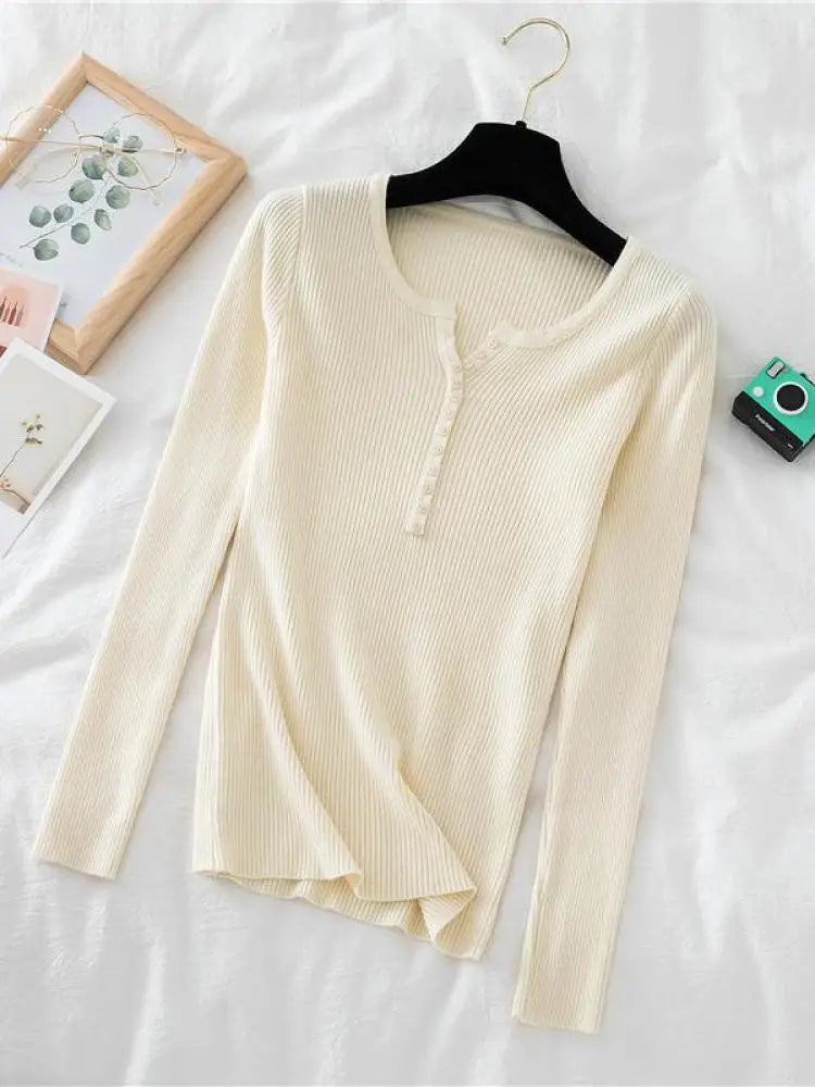 2025 Autumn Winter Button V Neck Sweater Women Basic Slim Pullover Women Sweaters And Pullovers Knit Jumper Soft Warm Tops