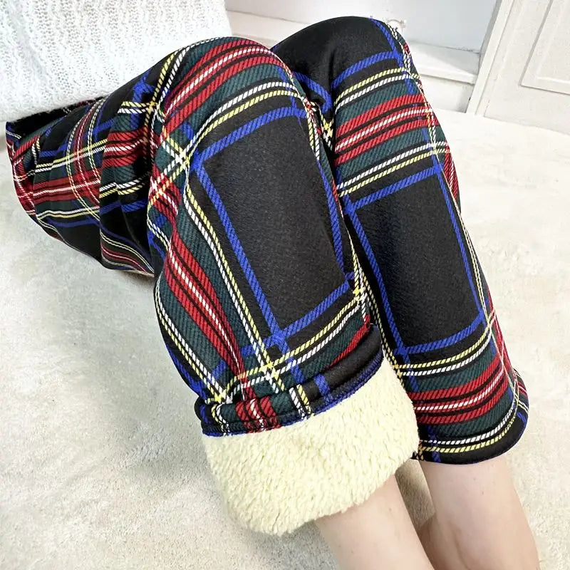 Padded Thickened Wide Leg Pants Winter LambswoolPlaid Pants Female High Waist Casual Straight Pants
