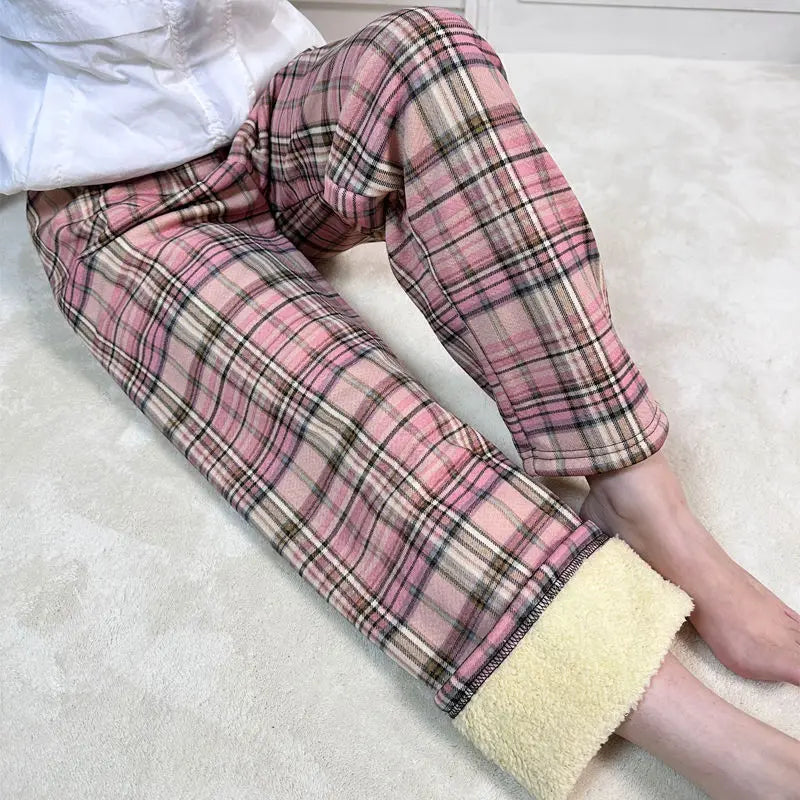 Padded Thickened Wide Leg Pants Winter LambswoolPlaid Pants Female High Waist Casual Straight Pants