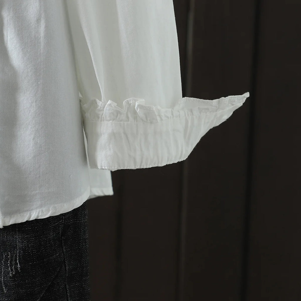 New Spring Cotton Casual White Shirts Women Loose Ruched Lace Blouse Girl Long Sleeve Sweet Sweet Top 2024 Autumn T455104QM