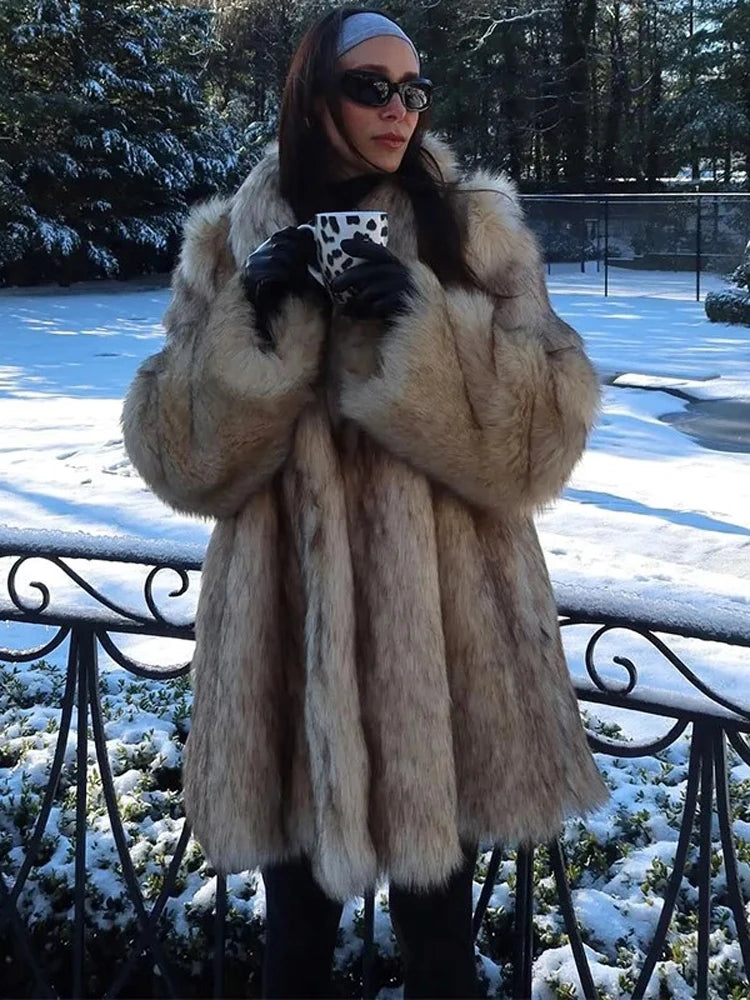 Winter Women Luxury Faux Fur Coats Fashion Long Sleeve Lapel High Street Oversize Jackets Chic New Thick Warm Ladies Outerwears