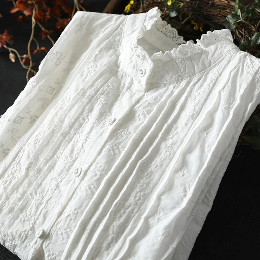 Fall clothes 2025 women cotton fine elegant blouses for women boho long sleeve lace embroider white blouses for lady tops