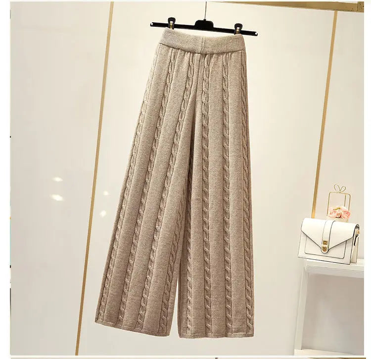 Winter Knitted Wide Leg Pants Women High Waist Drop Loose Knitted Straight Leg Pants Casual Cropped Wide Leg Pants Female Tops