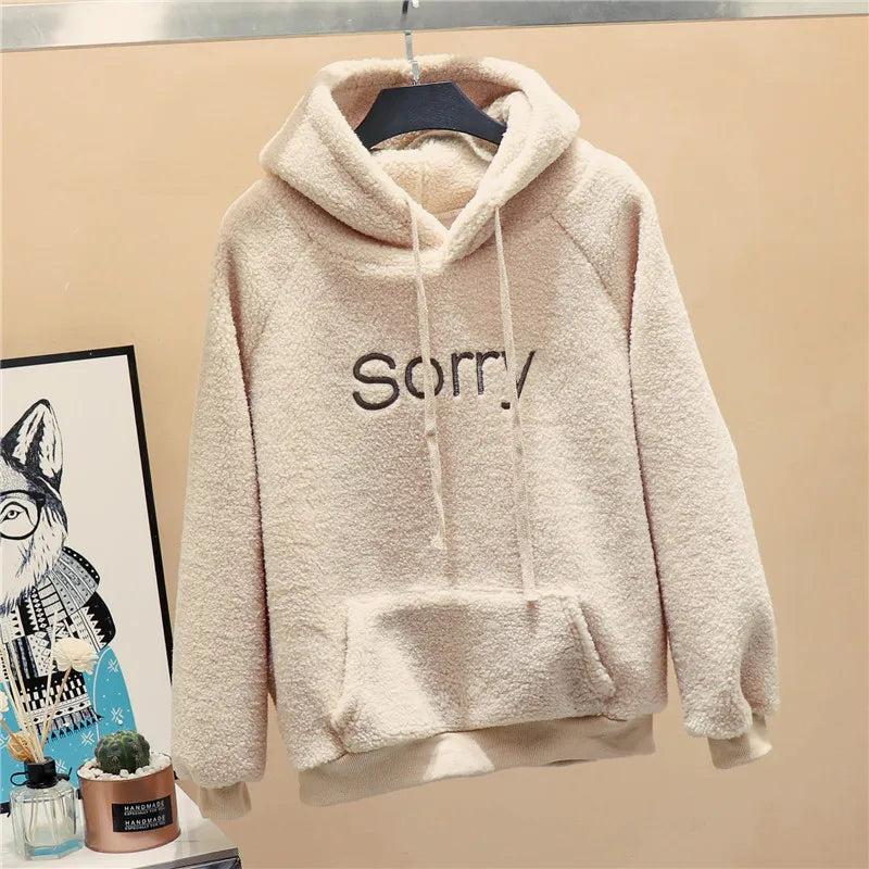 New Autumn Winter Clothes Thick Warm Coat Velvet Cashmere Women Hoody Sweatshirt Casual Tops Lady Loose Apricot Be Fun Pullover
