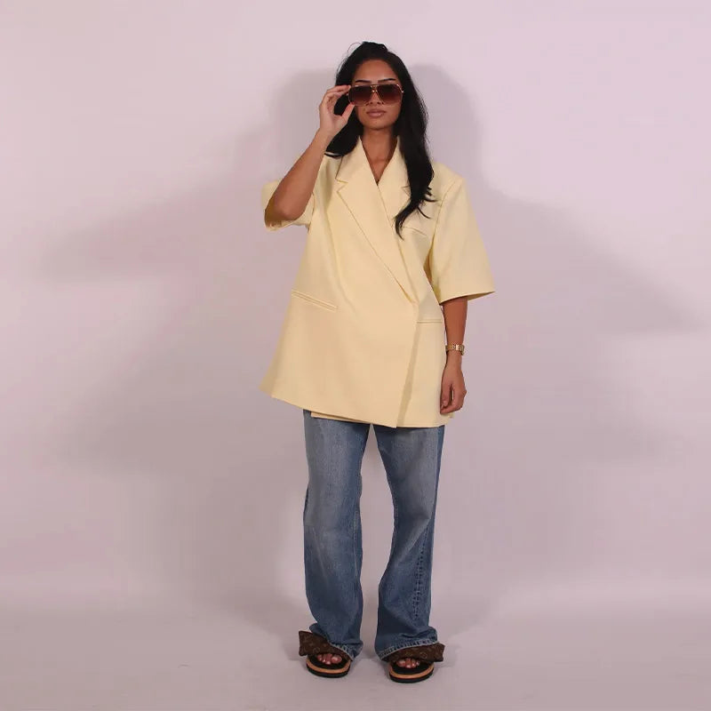 Oversize Elegant Suit Jacket Women Coat Single Breasted Shoulder Pads Notched Commute Pocket Split Street 2025 Summer Outwear