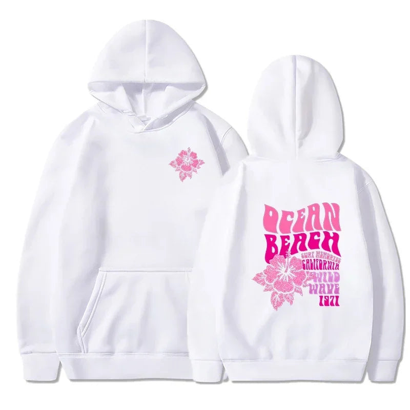 Women Fashion Casual Hoodies Ocean Beach Flower Slogan Front Back Pink Sweatshirts Beach Aesthetic Pullover Hoodie Trip Tops