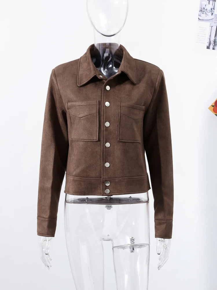 Big Pockets Suede Short Women's Jackets Vintage Lapel Single Breasted Full Sleeve Jacket Lady 2025 Spring Fashion Streetwears