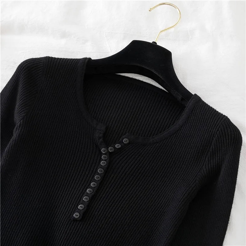 2025 Autumn Winter Button V Neck Sweater Women Basic Slim Pullover Women Sweaters And Pullovers Knit Jumper Soft Warm Tops