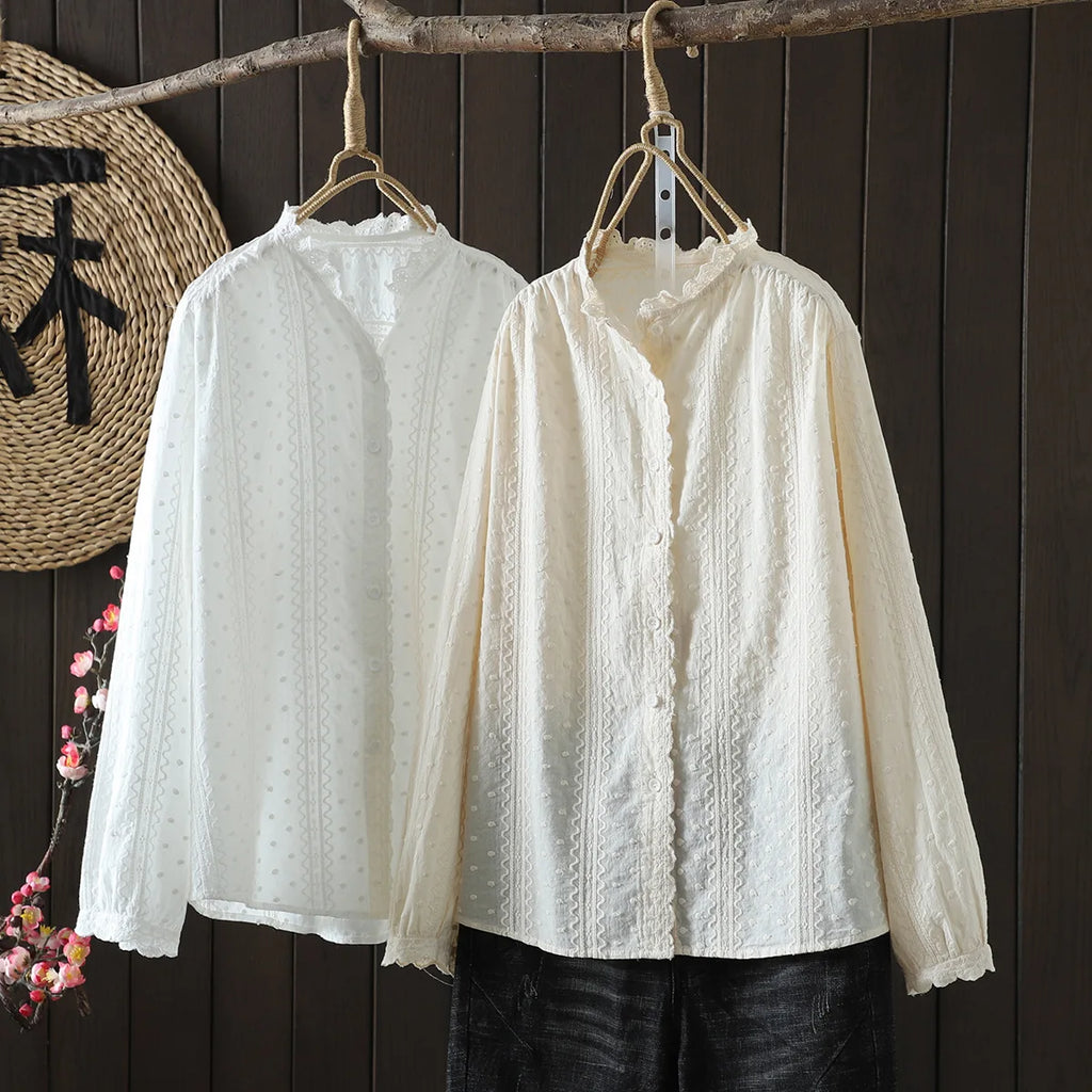 New Autumn Cotton Shirt Women Lapel Embroidery Lace Top Girl Long Sleeve Loose Sweet Casual Blouse Retro 2024 Spring T41816QM