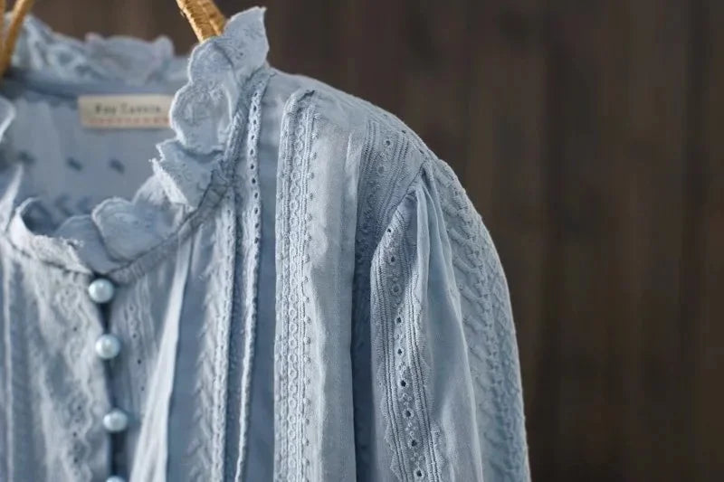 Bohemian Shirts & Blouses Women Pullover Female Korean Fashion Long Sleeve Blue Ruffled Lace Embroidered Cotton Blouses