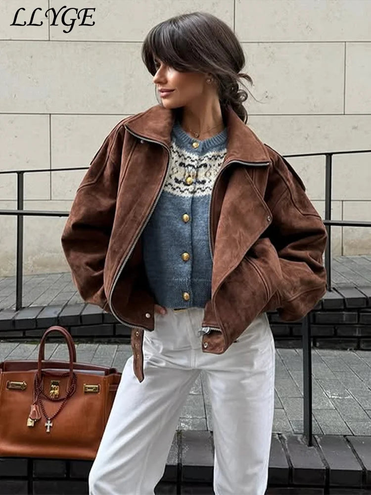 Street Women's Belt Short Suede Jackets Loose Lapel Full Sleeve Zipper Female Coats 2025 Spring Lady Vintage Patchwork Outwear