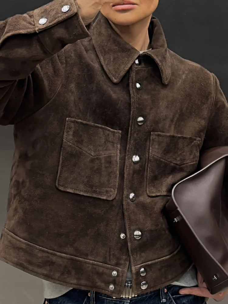 Big Pockets Suede Short Women's Jackets Vintage Lapel Single Breasted Full Sleeve Jacket Lady 2025 Spring Fashion Streetwears