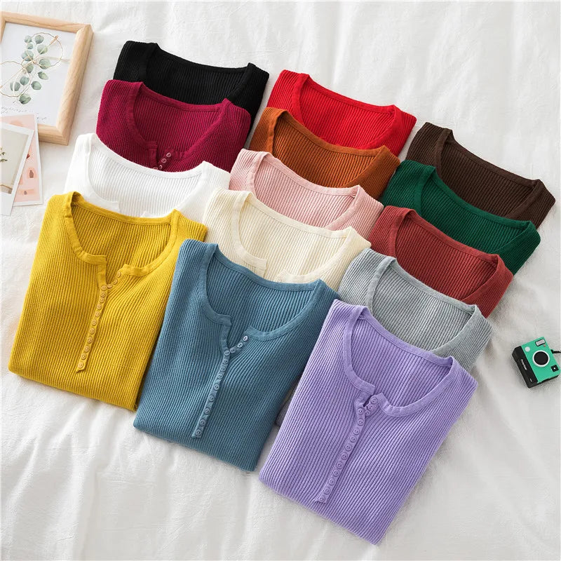 2025 Autumn Winter Button V Neck Sweater Women Basic Slim Pullover Women Sweaters And Pullovers Knit Jumper Soft Warm Tops