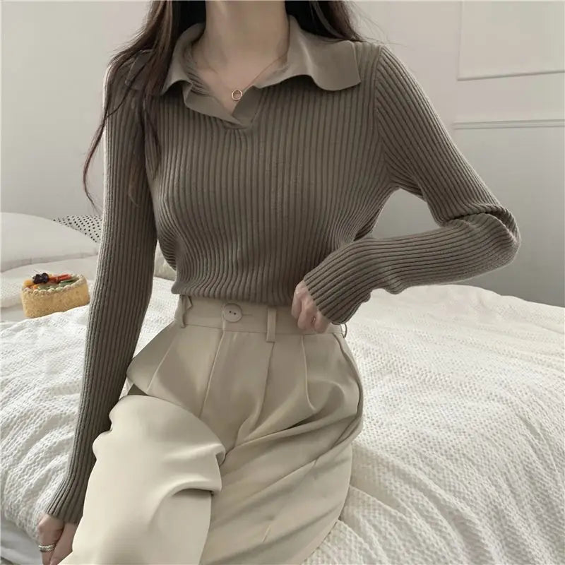 Autumn Winter Women Lapel Pullover Sweaters Basic Long Sleeve Knitted Sweater for Woman Solid Color Jersey Tops Clothes Mujer