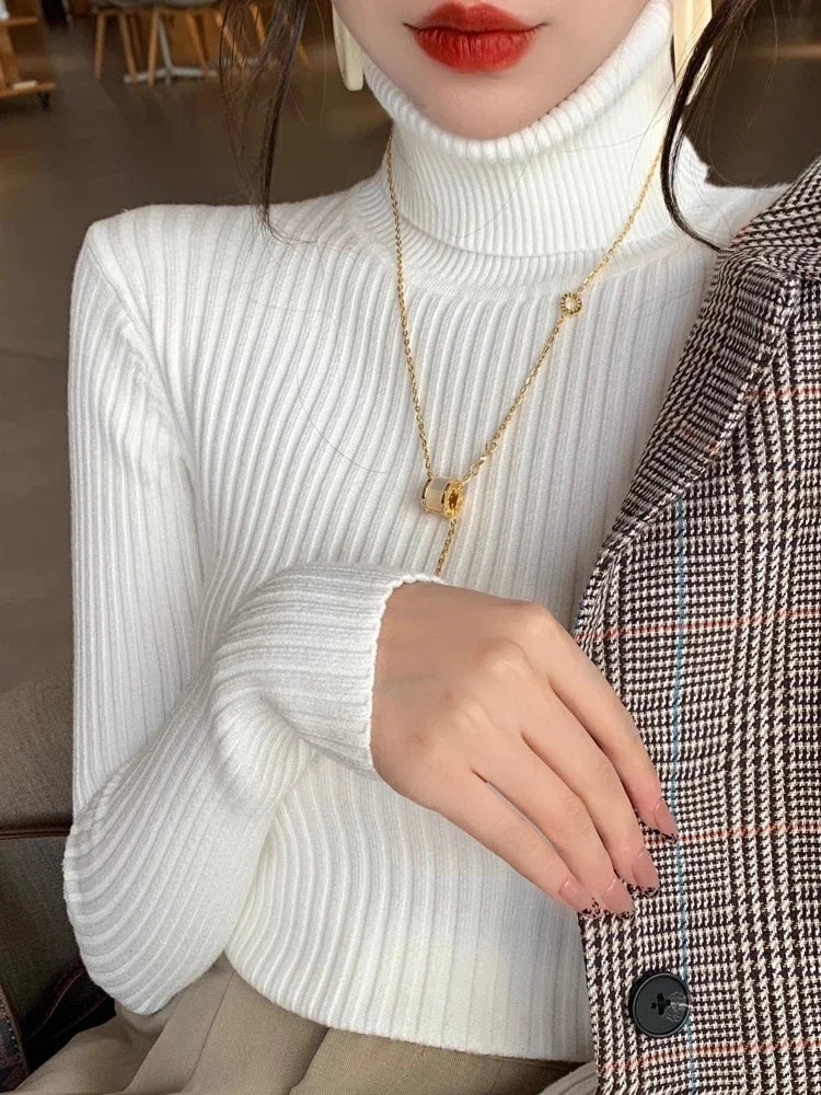 2025 Base Sweater Autumn Winter Thick Turtleneck Sweater Casual Slim Knitted Pullover Korean Style Simple Base Layer Warm Tops