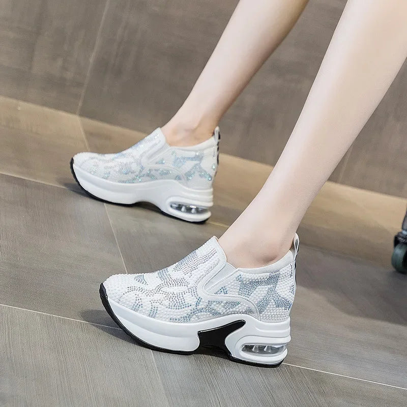 2023Women's Shoes  Autumn New Casual Small White Shoes Rhinestone Platform Sports Air Cushion Shoes Plus Size Zapatos De Mujer