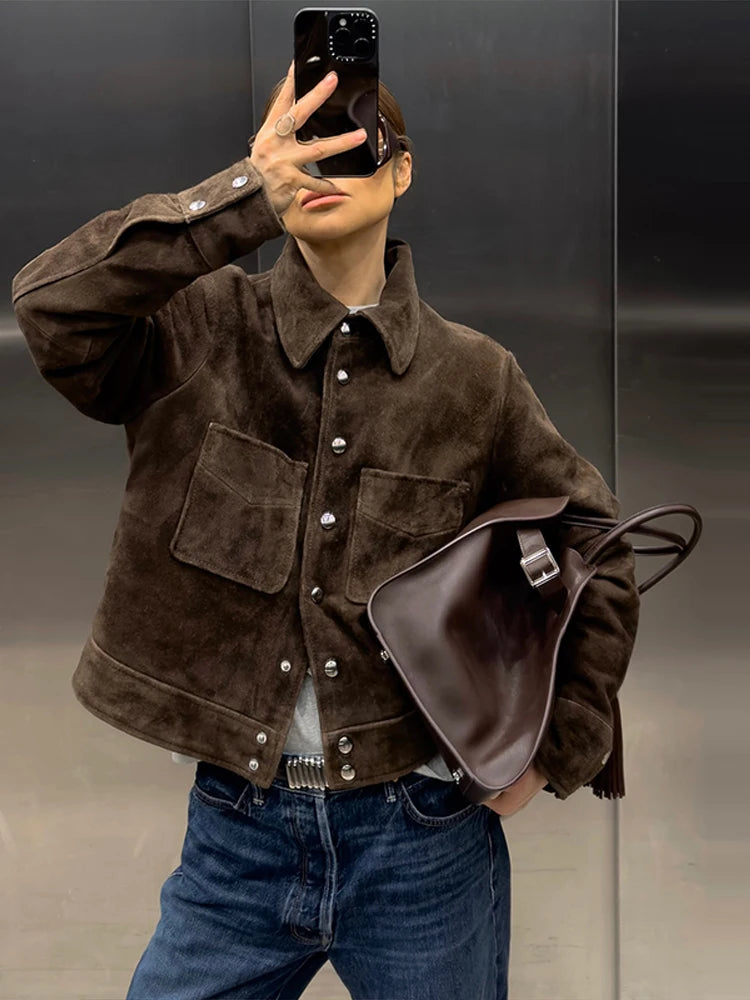 Big Pockets Suede Short Women's Jackets Vintage Lapel Single Breasted Full Sleeve Jacket Lady 2025 Spring Fashion Streetwears