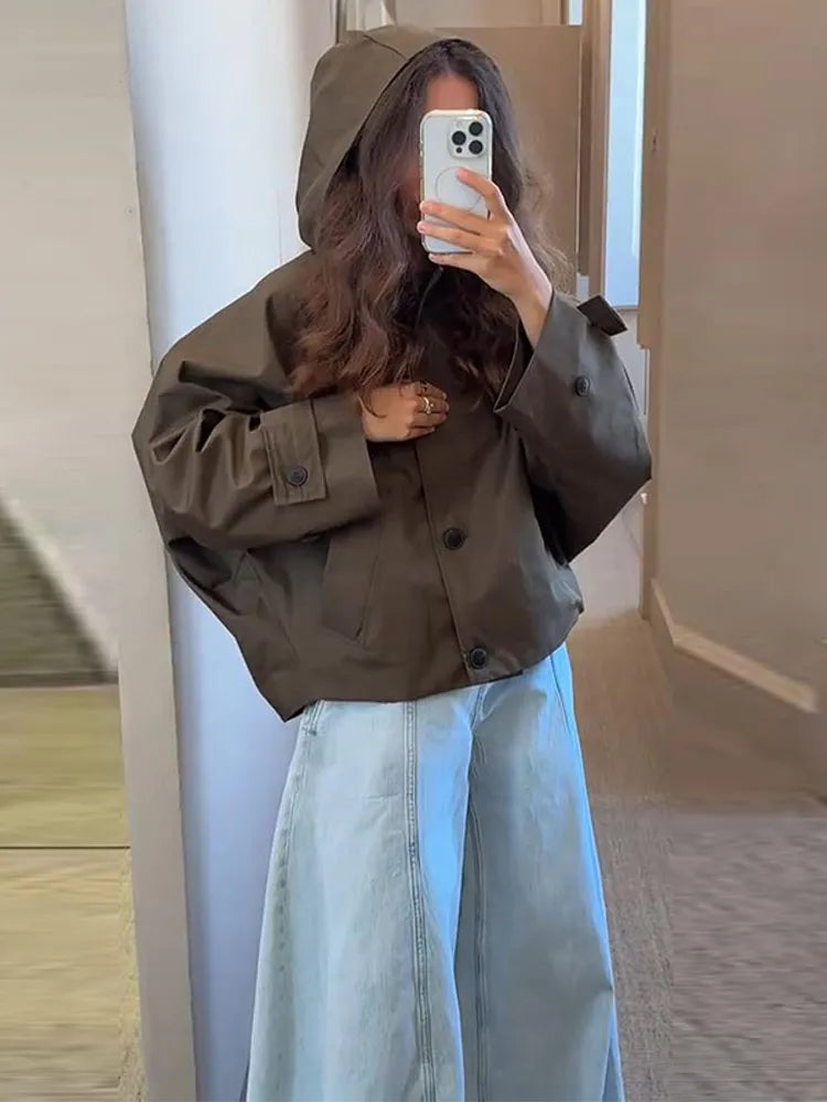 Detachable Hat Women's Jacket Coat Stand-Up Collar Single Breasted Batwing Sleeve Female Jackets Street Waterproof Coats Ladies