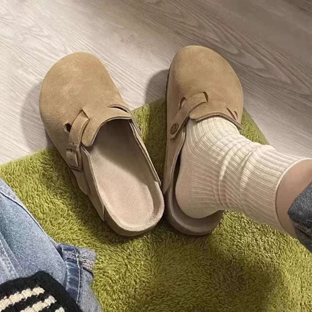 Retro Fashion Women's Shoes Thick-Soled Solid Color Slingback Shoes Soft Soled Home Shoes Suede Clogs Sandals Spring and Autumn