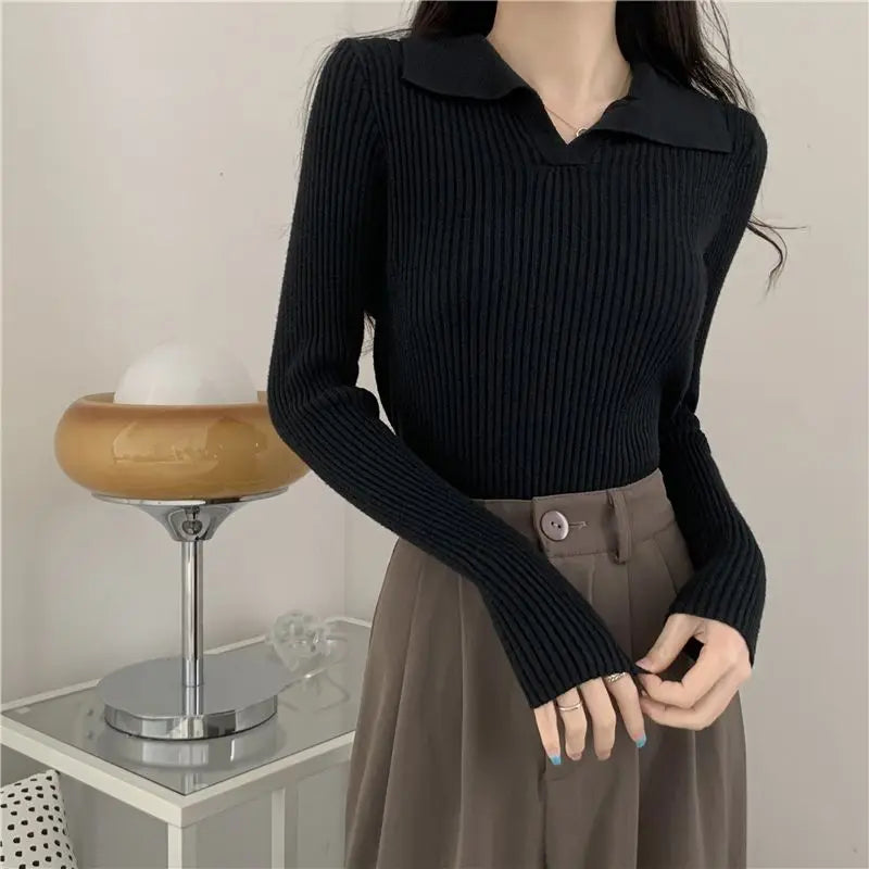 Autumn Winter Women Lapel Pullover Sweaters Basic Long Sleeve Knitted Sweater for Woman Solid Color Jersey Tops Clothes Mujer