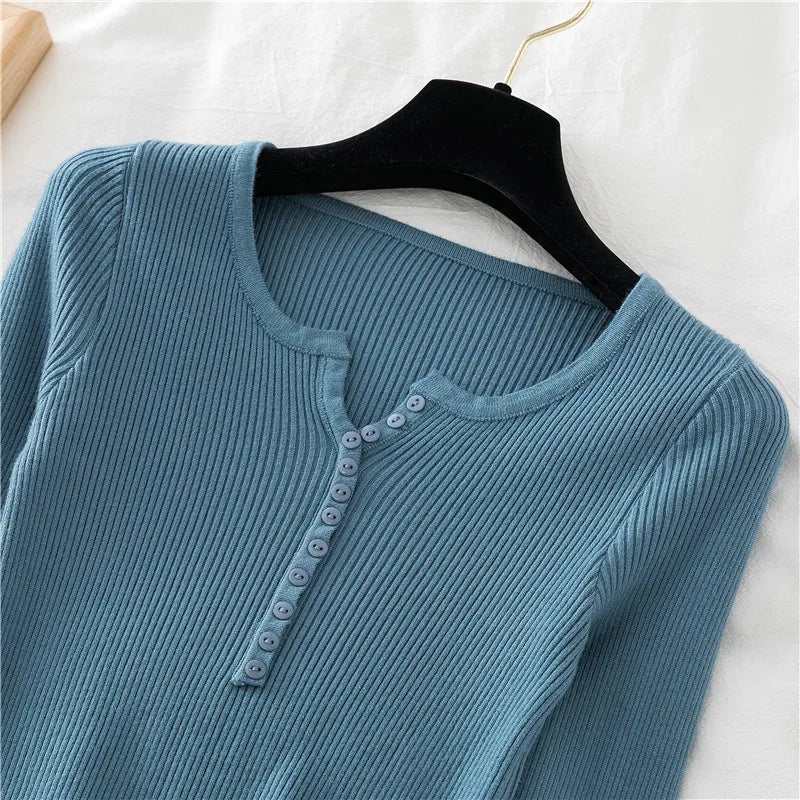 2025 Autumn Winter Button V Neck Sweater Women Basic Slim Pullover Women Sweaters And Pullovers Knit Jumper Soft Warm Tops
