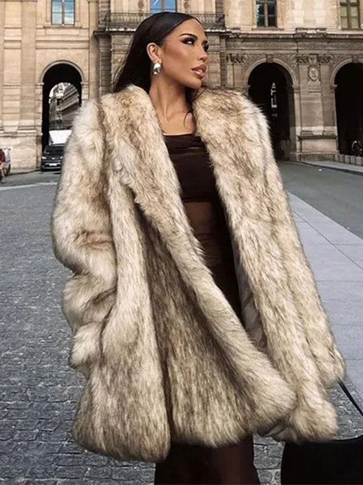 Winter Women Luxury Faux Fur Coats Fashion Long Sleeve Lapel High Street Oversize Jackets Chic New Thick Warm Ladies Outerwears