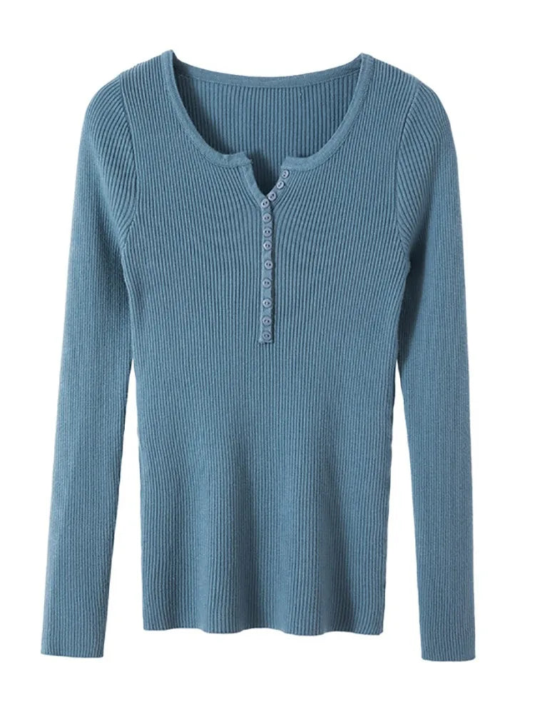 2025 Autumn Winter Button V Neck Sweater Women Basic Slim Pullover Women Sweaters And Pullovers Knit Jumper Soft Warm Tops