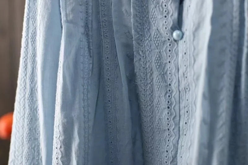 Bohemian Shirts & Blouses Women Pullover Female Korean Fashion Long Sleeve Blue Ruffled Lace Embroidered Cotton Blouses
