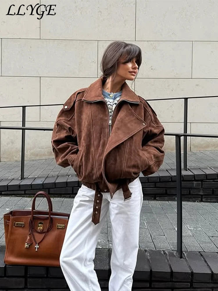 Street Women's Belt Short Suede Jackets Loose Lapel Full Sleeve Zipper Female Coats 2025 Spring Lady Vintage Patchwork Outwear