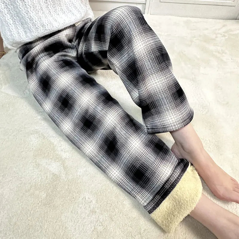 Padded Thickened Wide Leg Pants Winter LambswoolPlaid Pants Female High Waist Casual Straight Pants